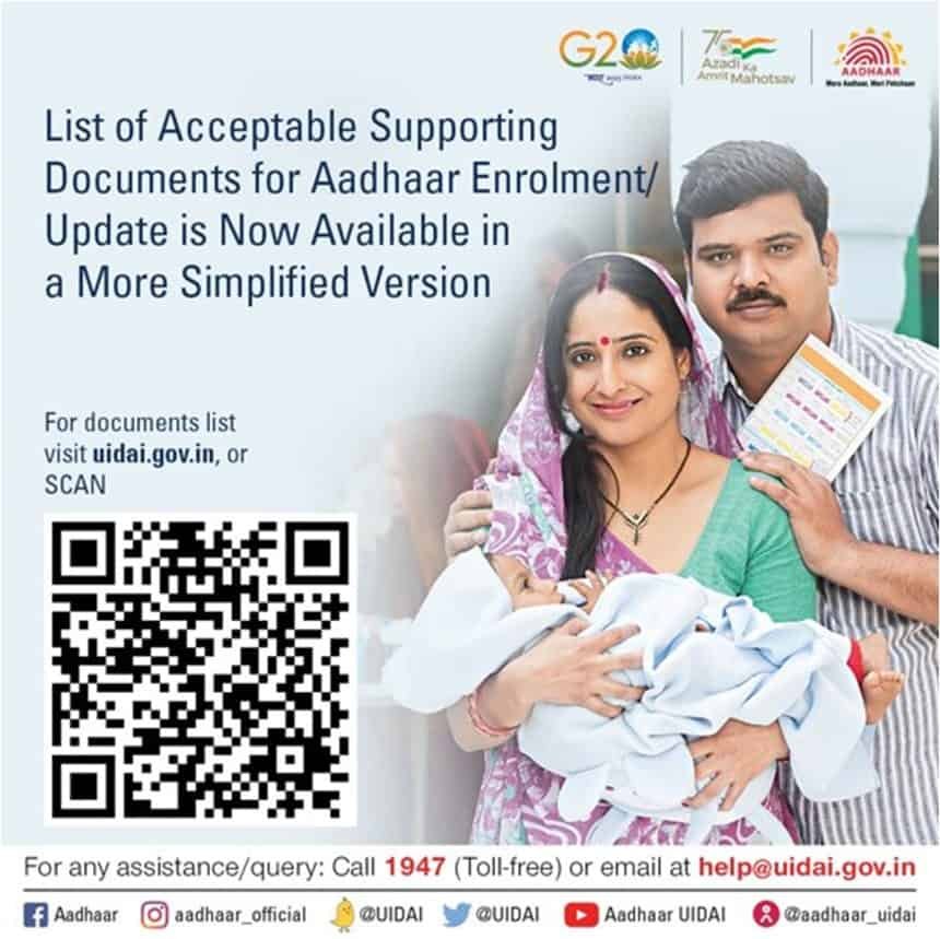 List of Acceptable Supporting Documents for Aadhaar Enrolment/Update is now available in a more Simplified Version